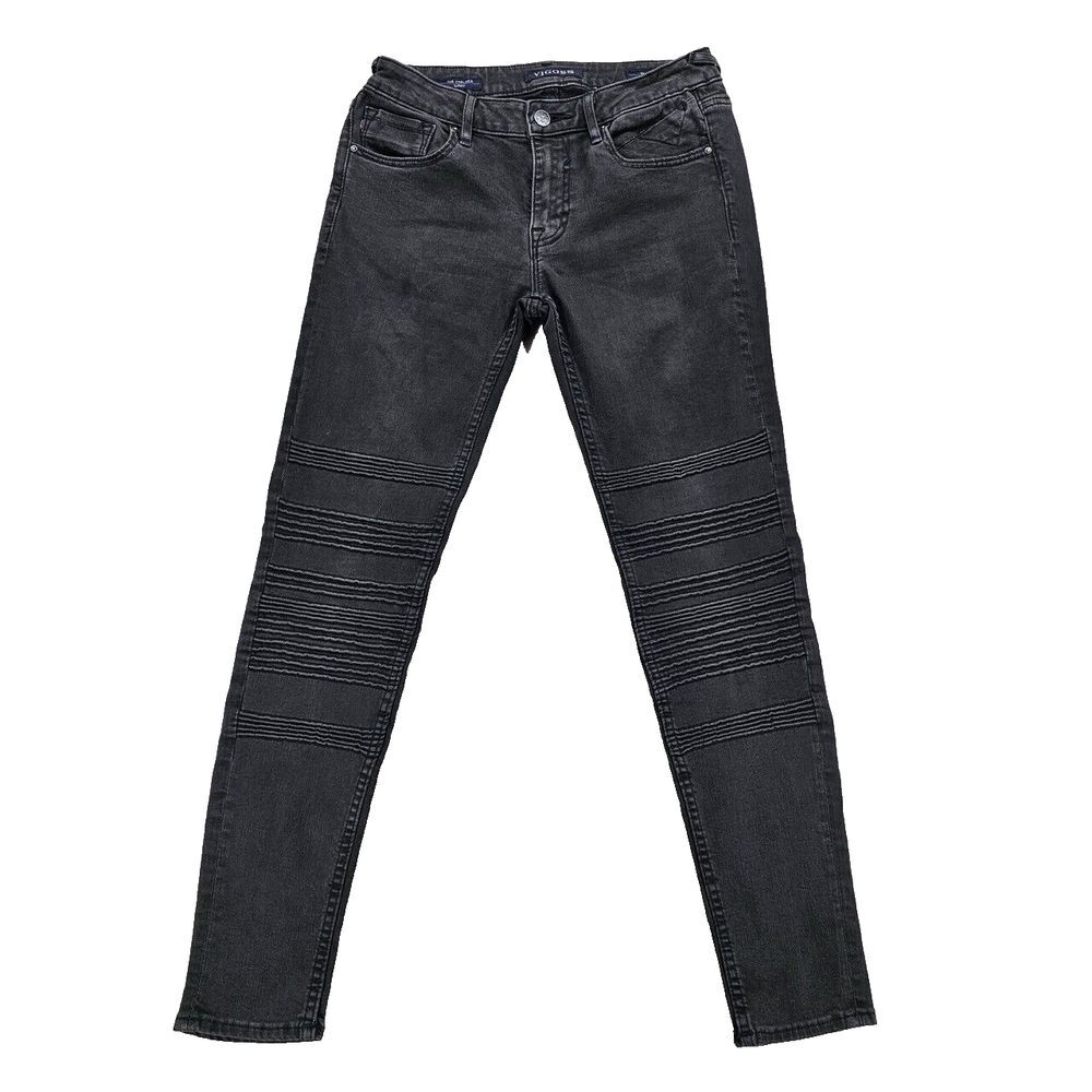 Vigoss The Chelsea Skinny Black Moto Jeans Mid Rise Embossed Logo Womens Size 27